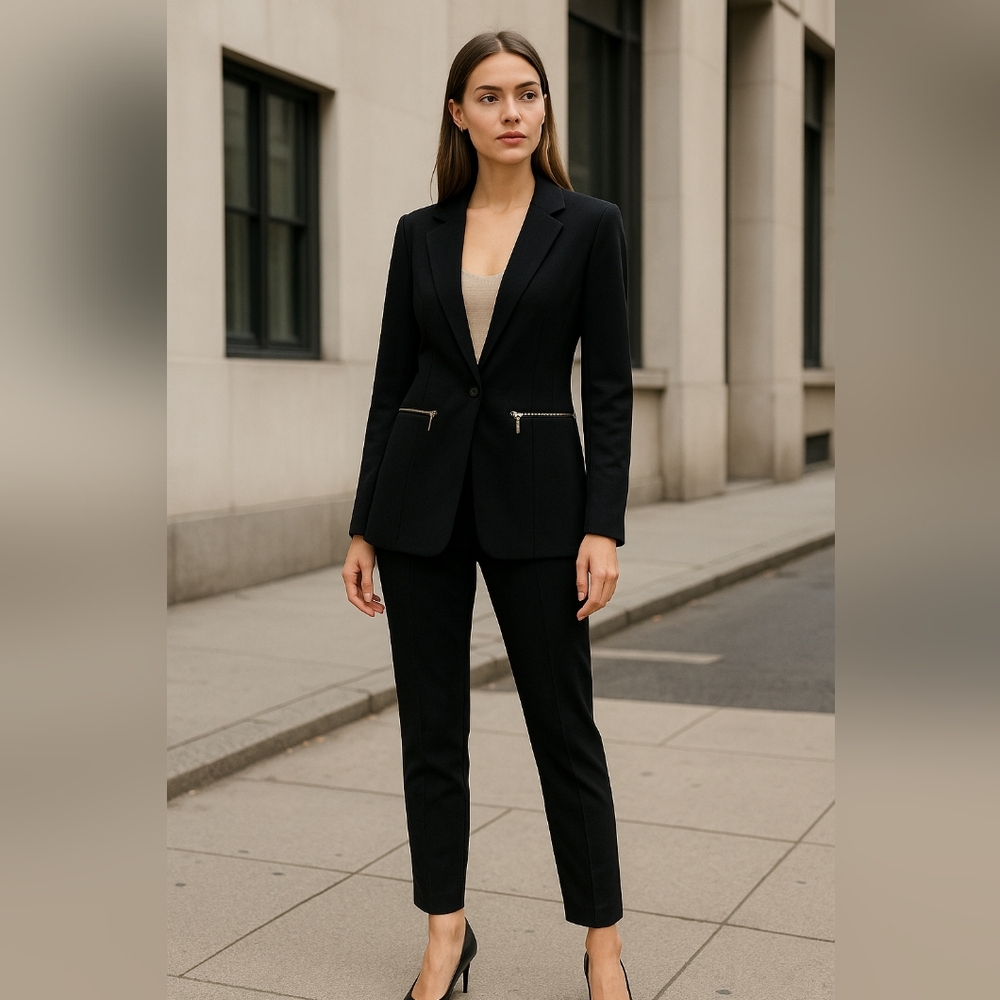 Genhoo Black Blazer Jacket Women’s Longline Chic Minimalist Gold Zip Pockets L